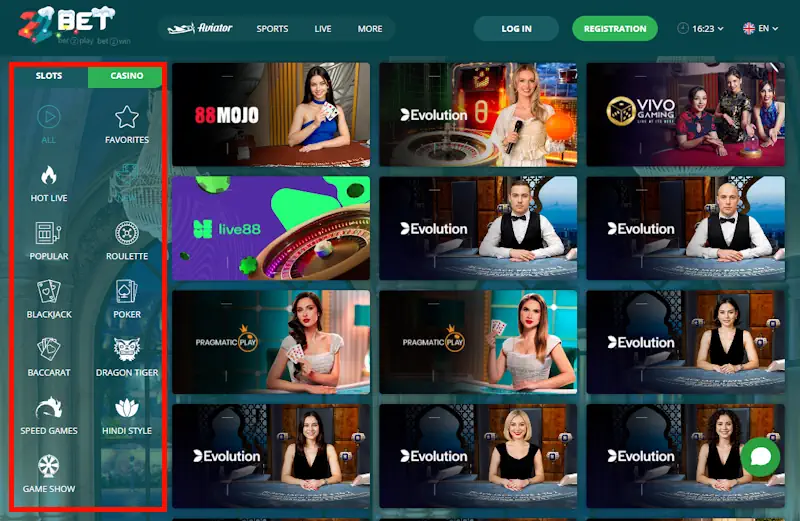 22Bet Live Casino Menu and Games Screenshot